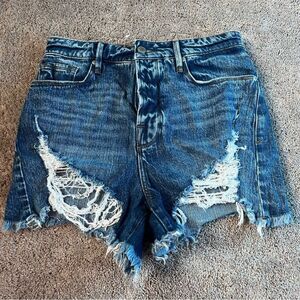 Good American Women's 4/27 High Waisted Denim Shorts.